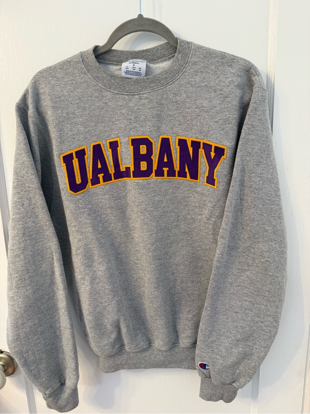 Champion Gray Crewneck Sweatshirt with Purple & Gold UALBANY Applique